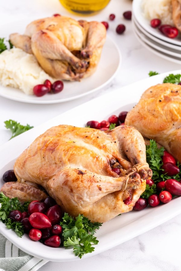 Cranberry stuffed Cornish hens