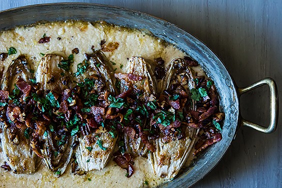 Cream baked endive with bacon and pecans