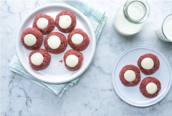 Cream cheese red velvet thumbprint cookies