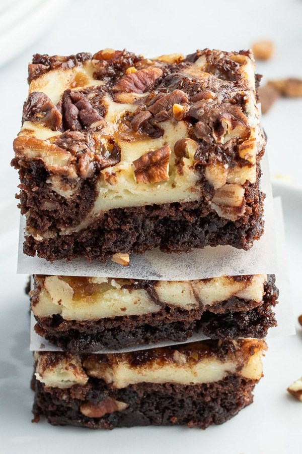 Cream cheese swirl brownies with Heath bars & pecans