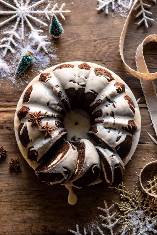 Cream cheese swirled chai gingerbread cake