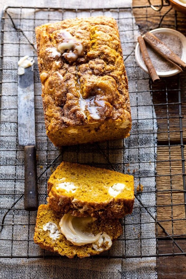 Cream cheese swirled pumpkin bread with salted maple butter