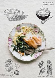 Cream-less corn with sautéed greens and seared salmon