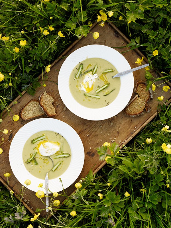 Cream of asparagus soup with soft-poached eggs