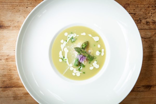 Cream of asparagus soup with flaked smoked haddock