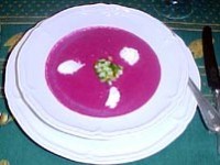 Cream of beet soup with cucumbers and goat’s cheese 