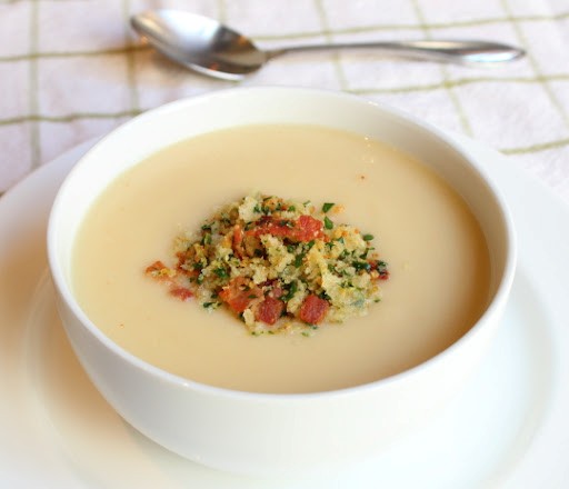 Cream of cauliflower soup with bacon gremolata