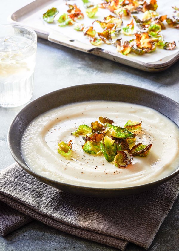 Cream of celeriac soup with Brussels sprouts chips