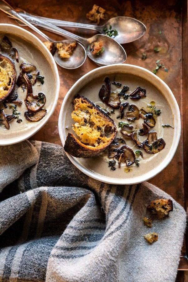Cream of mushroom soup with garlic herb breadcrumbs