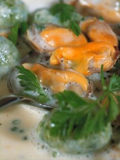 Cream of mussel soup with beef marrow quenelles