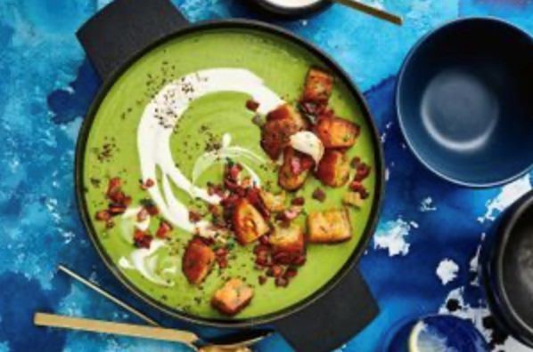 Cream of pea and broccoli soup with crisp bacon croutons