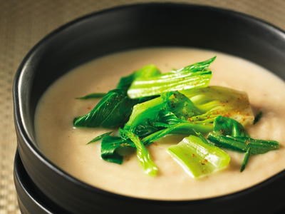 Cream of roasted turnip soup with baby bok choy and five spices