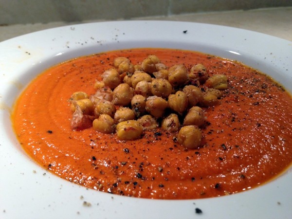Cream of tomato soup with roasted Italian chickpea croutons