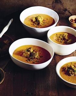 Cream of tomato soup with noochy croutons