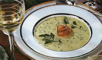 Cream of watercress soup with pan-seared scallops