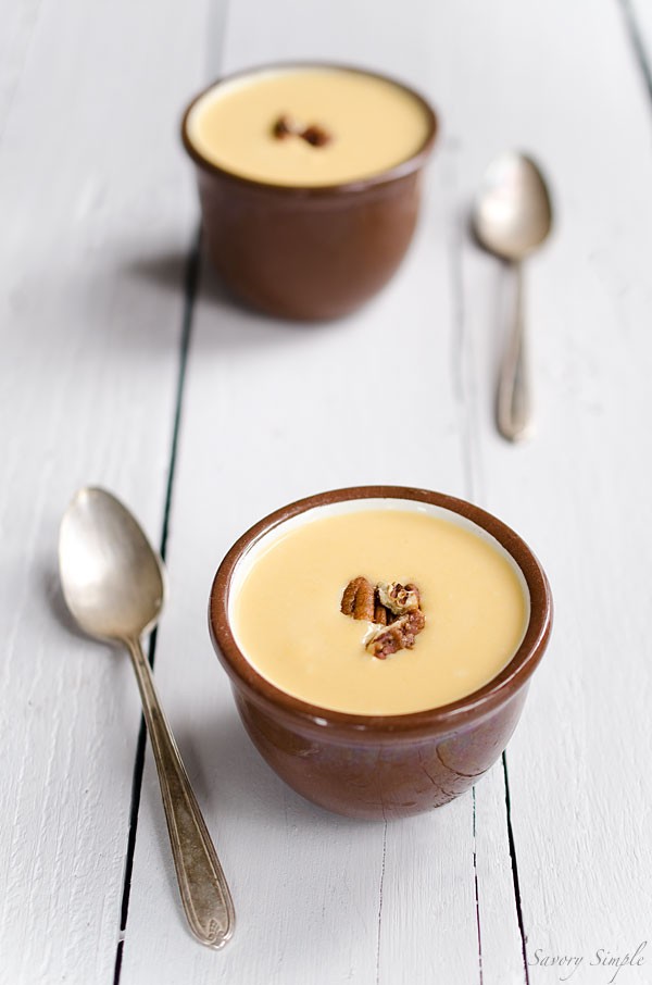 Cream of winter squash soup with spicy candied pecans