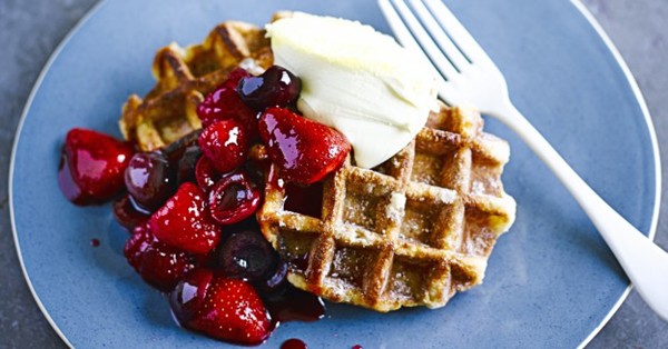 Cream tea waffles with cherry-berry compote