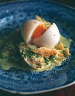 Creamed Arbroath smokies with soft-boiled duck's egg