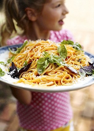 Creamed aubergine, tomato, and basil linguine