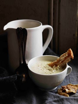 Creamed chicken and leek soup with crisp chicken skin