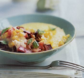 Creamed chicken with corn and bacon over polenta