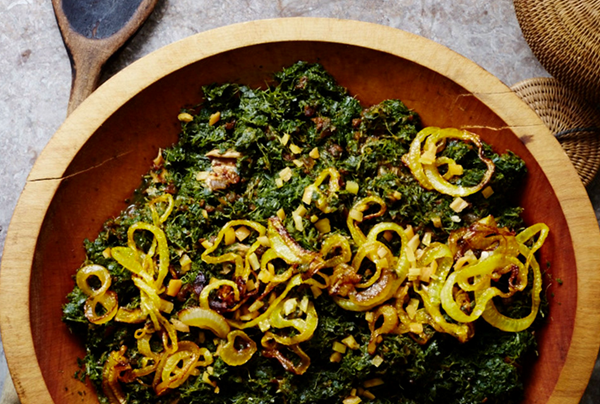 "Creamed" collard greens with peanut butter and chile