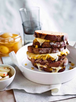Creamed corn and cheddar toasties with pickled onions