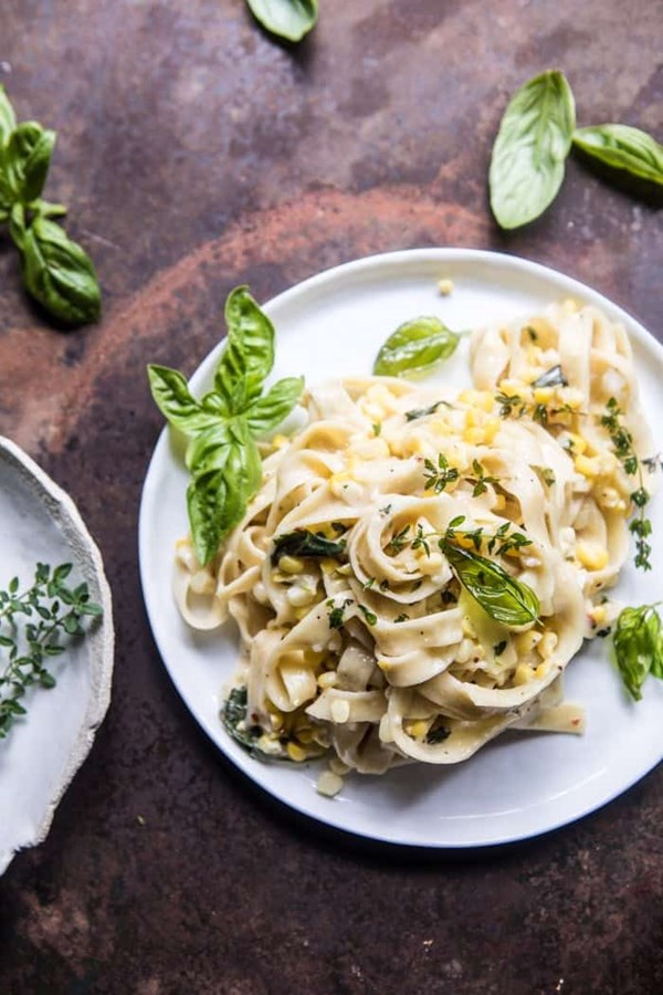 Creamed corn pasta with fried herbs