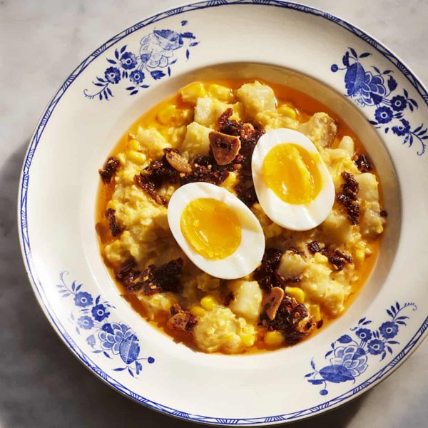 Creamed corn, soft-boiled egg and garlic chilli crisp