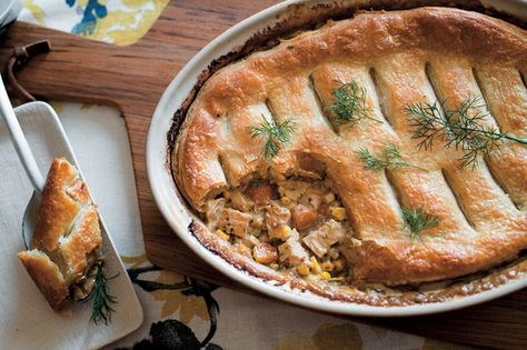 Creamed dill chicken potpie with puff pastry