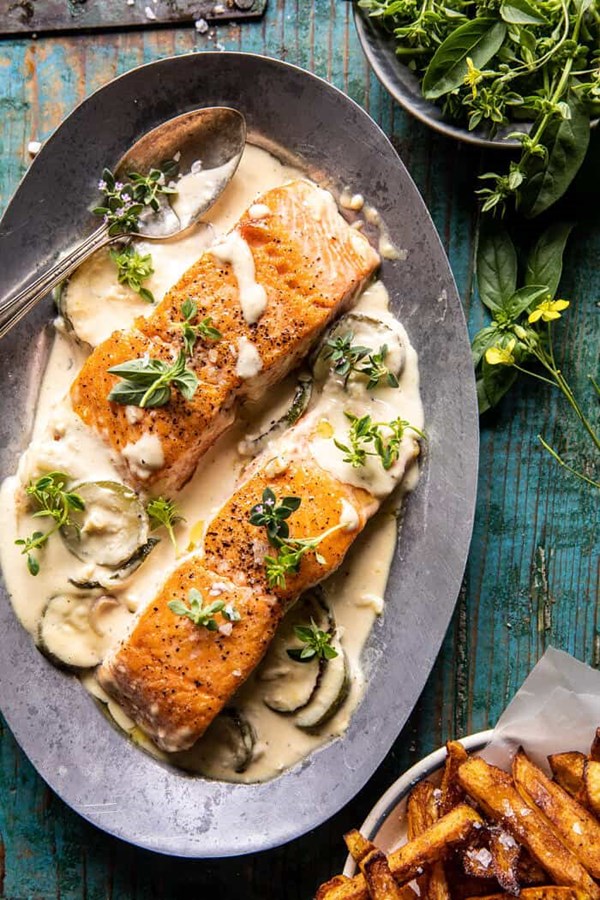 Creamed feta garlic herb butter salmon