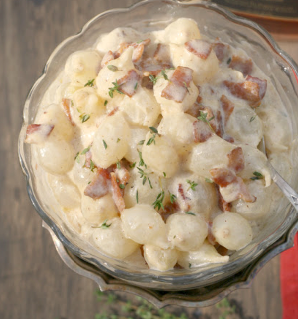 Creamed pearl onions with bacon and brandy