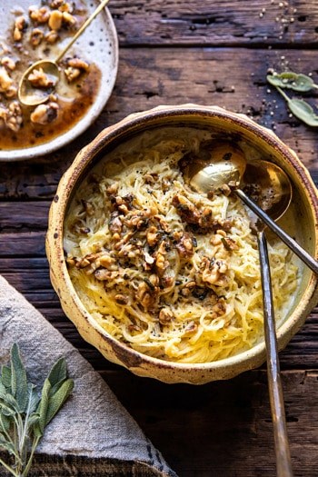 Creamed spaghetti squash with browned butter walnuts