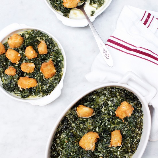 Creamed spinach with fried cheese curds