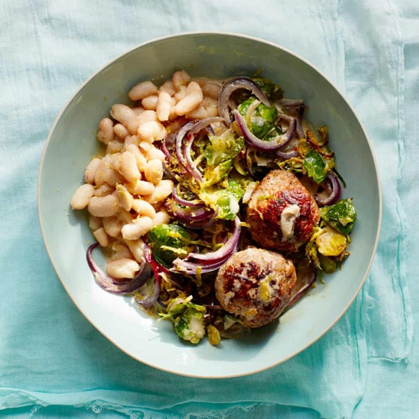 Creamed sprouts with sausage, fennel and beans