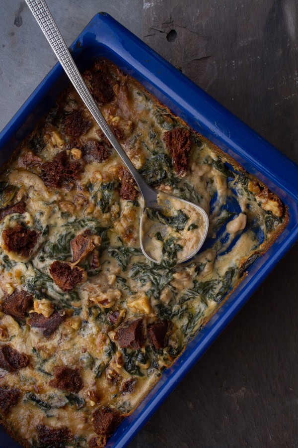 Creamed Swiss chard with Gorgonzola, rye bread crumbs, and walnuts