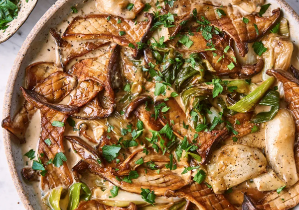 Creamed trumpet mushrooms & spring onions