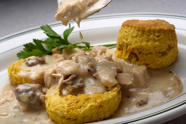 Creamed turkey with sweet potato biscuits
