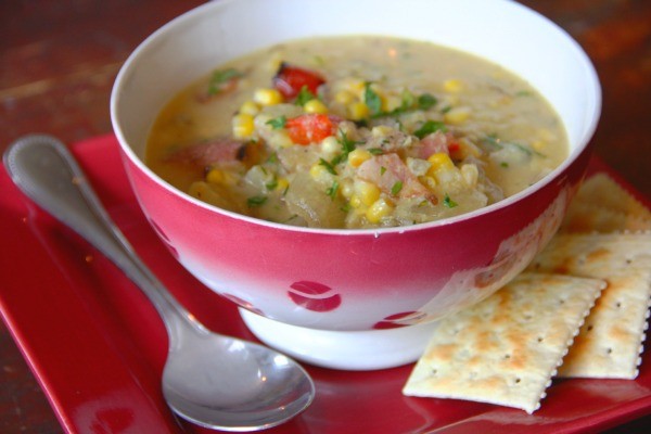 Creamless grilled corn chowder with peppers and cilantro