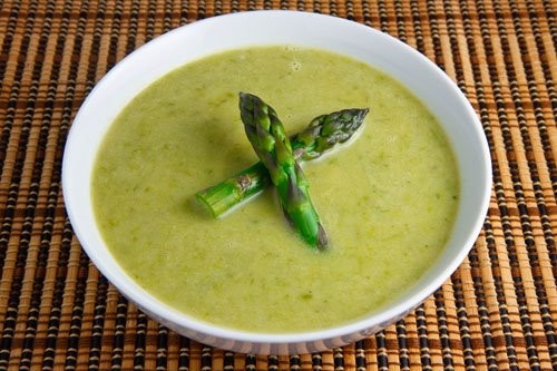 Creamy asparagus soup with morel mushrooms and ramps