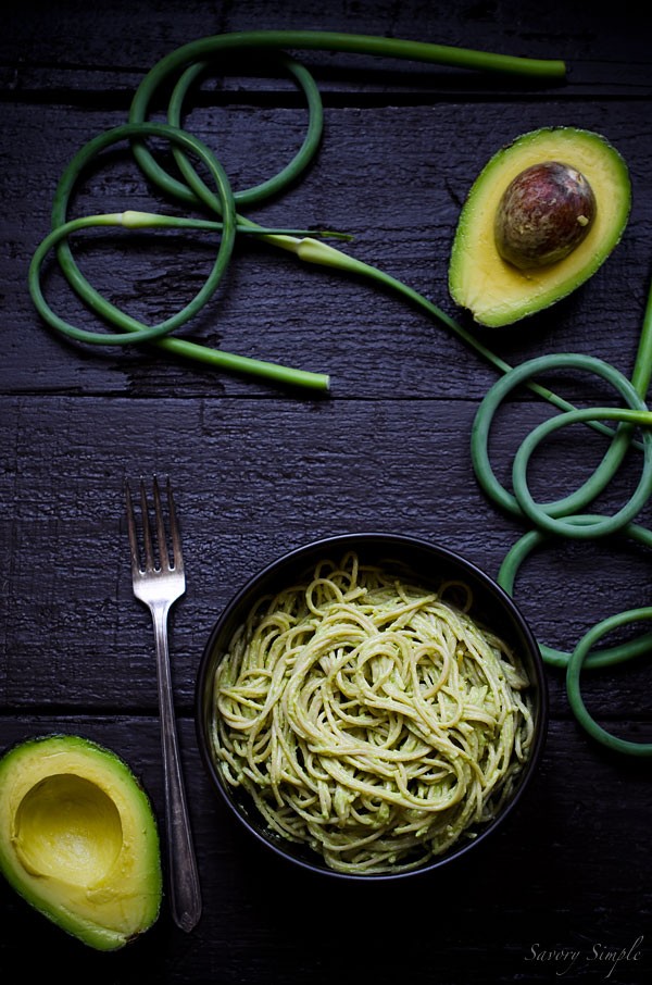 Creamy avocado pasta with garlic scape pesto