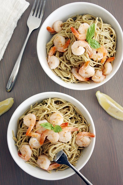 Creamy avocado pasta with shrimp