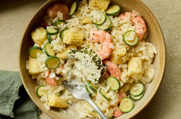 Creamy baby corn & king prawn risotto