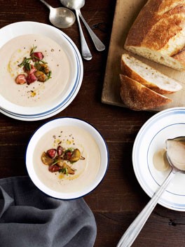 Creamy bacon and celeriac soup with fried chestnuts