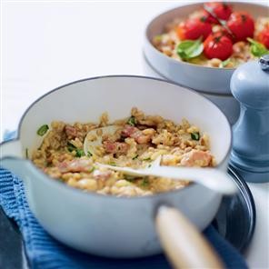 Creamy bacon, basil and roasted tomato risotto