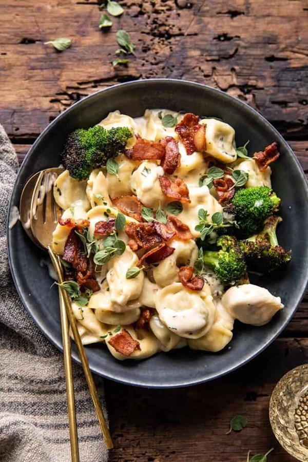 Creamy bacon tortellini with charred broccoli