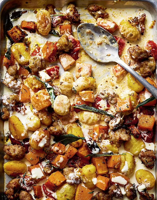 Creamy baked gnocchi with squash + sausage