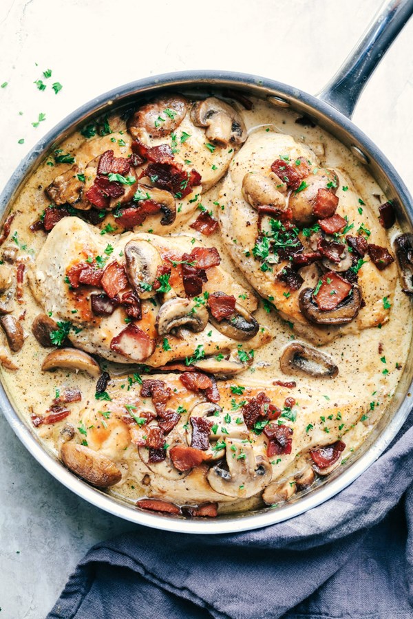 Creamy balsamic mushroom bacon chicken