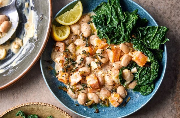 Creamy beans & squash with sage and onion crunch