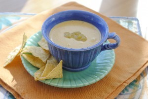 Creamy beer cheese soup with salsa verde